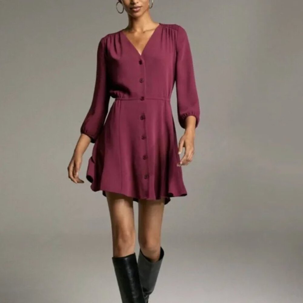 Aritzia Babaton Burgundy Long Sleeve V-Neck Chiffon Button Mini Day Dress